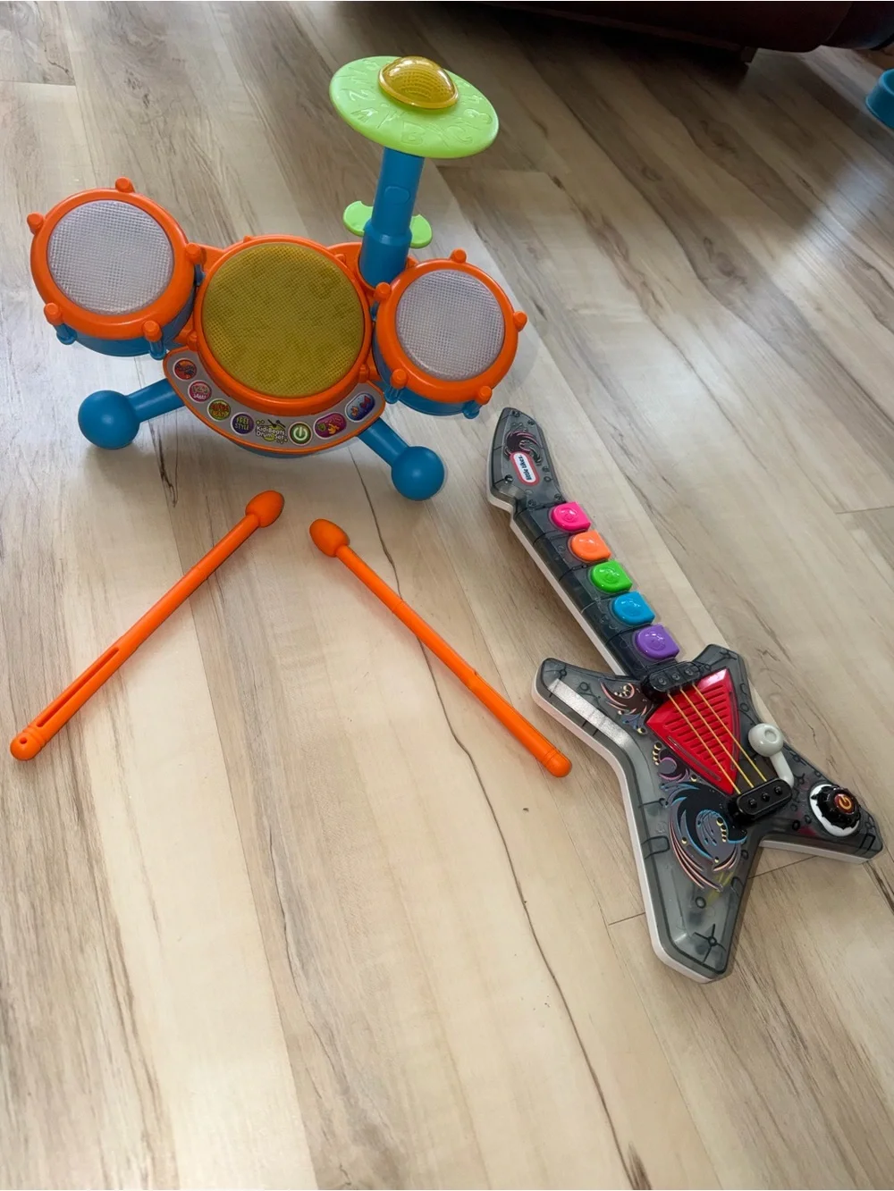 Kids Orange Electronic Drum Set and Toy Guitar - Unbranded